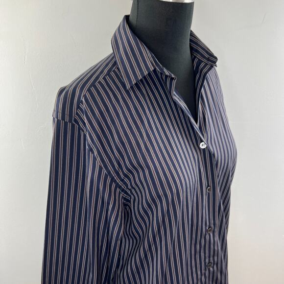 LORENZINI Navy Blue Burgundy Stripe Mens Button Down Dress Shirt 0 ITALY - Picture 4 of 8
